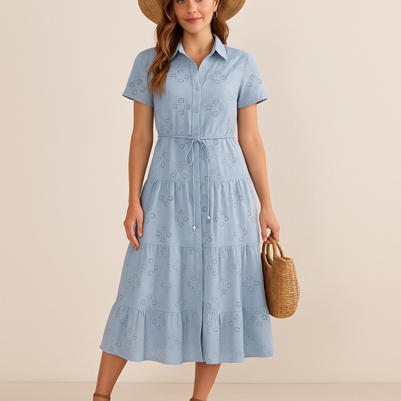 Solitaire Dresses & Skirts - Eyelet Embroidered Button-Down Midi Dress - Light Blue